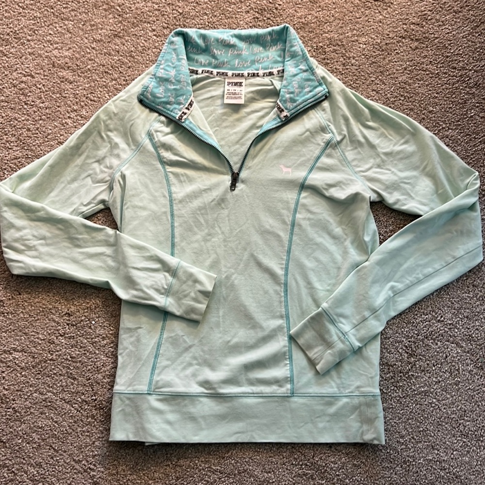 VS PINK mint green quarter zip track jacket with dog logo trim and logo neck XS